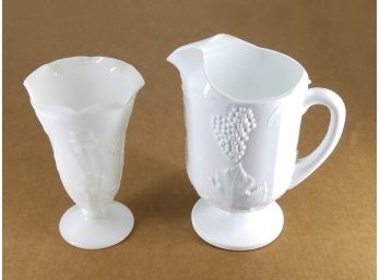 Vintage Milk Glass Iris Vase And Grapevine Pitcher