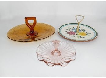 Three Different Glass And Pottery Serving Caddies / Bon Bon Dish - Stangl, Pink Depression, Etched