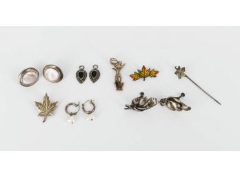 Vintage Sterling Silver Jewelry Lot - Earrings, Pendant, And Pins