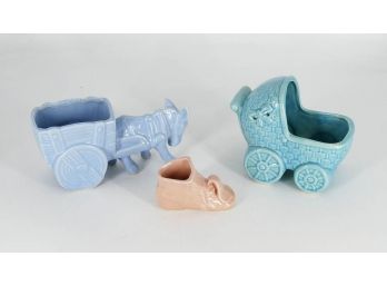 Three Vintage Pottery Planters - Baby Carriage, Baby Shoe, And Donkey Cart