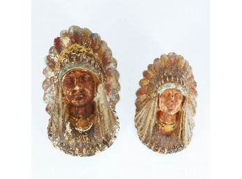 Vintage Pair Of Hand Painted Indian Chief Ceramic Heads