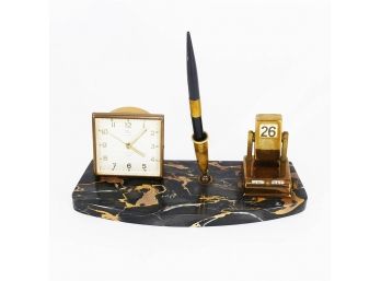 Vintage Artco Clock Calendar Marble Desk Set
