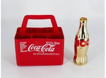 1986 Coca-Cola Centennial Celebration Gold Painted Bottle & Vintage Plastic Carrier