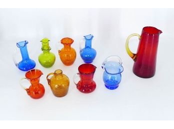 Blown Crackle Glass Lot - Pitchers & Vases - 9 Pieces