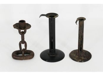 Lot Of 3 Antique Candlesticks - Hogscrapers & Chain Link