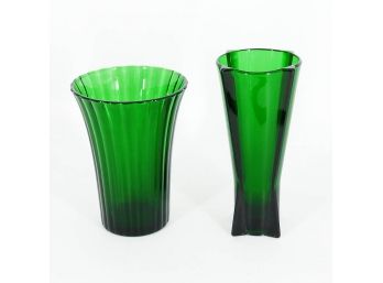 Two Vintage Forest Green Vases - Art Deco Anchor Hocking & Napco