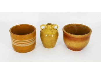 Antique/Vintage Yellow Ware Pottery Lot - Crock, Jug, And Mixing Bowl