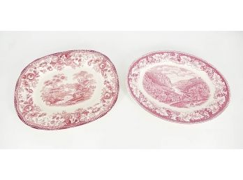 Two Vintage Red Transferware Serving Plates - Homer Laughlin/Currier & Ives & Clarice Cliff