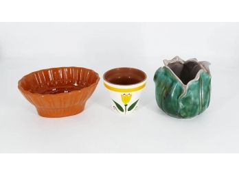 Vintage Stangl Pottery Lot - Terra Rose Vase, Flower Pot, And Corn Bowl