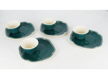 1940's Harker Pottery Teal Green Corinthian Snack Set (4) - Plate & Cup