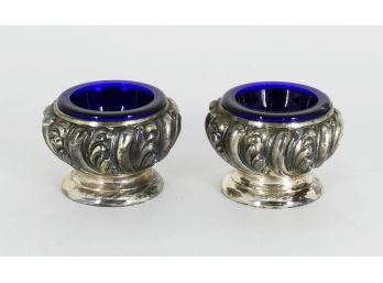 Pair Of Antique W.B. (Weidlich Brothers) Mfg Co. Salt Cellars With Cobalt Blue Glass Inserts