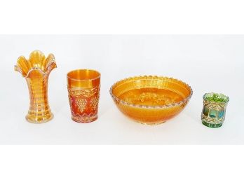 Carnival Glass Lot - 4 Pieces - Vase, Bowl, Tumbler, And Cup