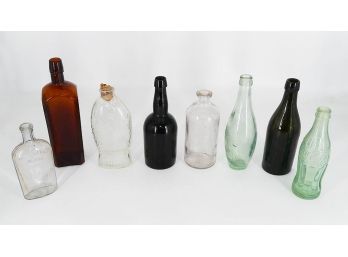 Lot Of 8 Antique & Vintage Bottles In A Wood/Metal Carrier - Dr Fisch's Bitters