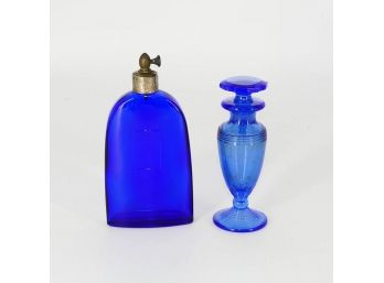 Two 1920's-1930's Depression Glass And Cobalt Perfume Bottles