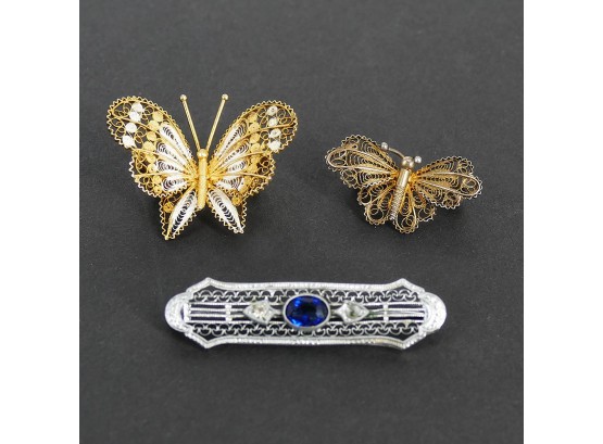 2 Vintage Victorian 800 Silver Filigree Butterfly Brooch/Pins And A Vintage Pin With Navette Stone