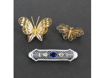 2 Vintage Victorian 800 Silver Filigree Butterfly Brooch/Pins And A Vintage Pin With Navette Stone