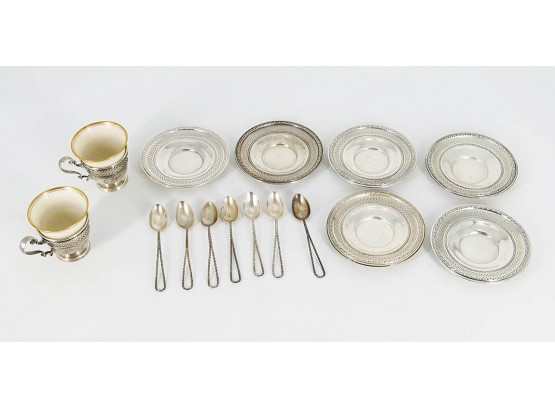 Edwardian Sterling Silver Demitasse Holders W/ Lenox Liners, Saucers, And Spoons - Silver Weight 12.4 Troy Oz