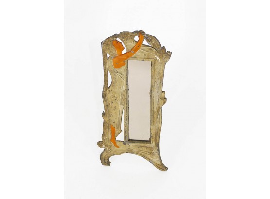 Antique Art Nouveau Small Gilt Metal Table Mirror