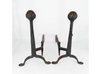Pair Of Vintage Wrought Iron Ball & Claw Andirons