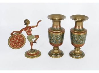 Pair Of Vintage Indian Brass Vases And Balinese Dancer Gong