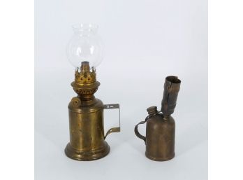 Antique Small Brass Table/Wall Oil Lamp & Primus Sweden Brass Torch