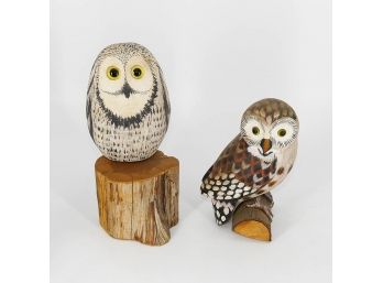 Two Carved Hand Painted Wooden Owls - One By Richard Morgan