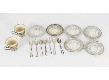 Edwardian Sterling Silver Demitasse Holders W/ Lenox Liners, Saucers, And Spoons - Silver Weight 12.4 Troy Oz
