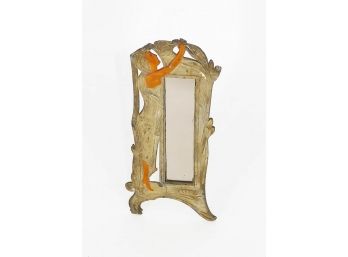 Antique Art Nouveau Small Gilt Metal Table Mirror