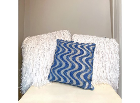 Set Of 3 Pillows - Beaded Blue & White Shag
