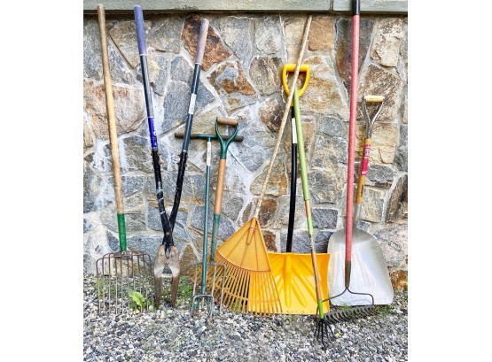 Garden Tool Lot (9) - Rakes, Shovels, Forks, Tiller, Kobalt Post Digger