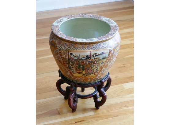 Chinese Hand Painted Fishbowl Planter (13') - With Wood Stand