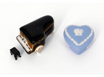 Wedgwood Jasperware Heart Shaped And Limoges Style Piano Trinket Boxes