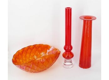 Glass/Crystal Vases And Bowl - Red And Orange - Waterford