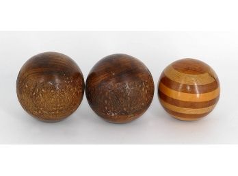 Set Of 3 Decorative Wooden Spheres/Balls - Carved