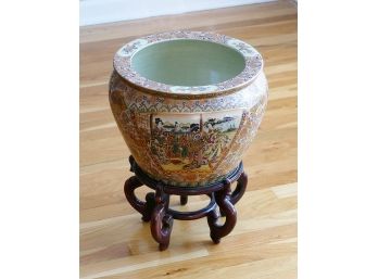 Chinese Hand Painted Fishbowl Planter (13') - With Wood Stand