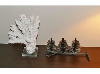 Home Decoration Pieces - Coral Statue And Metal Honeycomb Candle Holder
