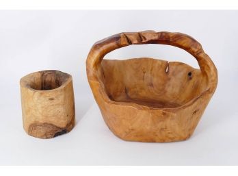Handcrafted Carved Handled Basket/Bowl & Small Bowl