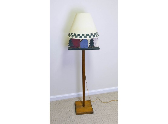 Folk Art Standing Lamp With Wood Town Scene And Painted Shade
