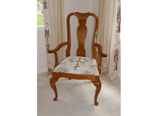 Queen Anne Style Carved Wood Armchair - Palm Tree/Floral Pattern Fabric