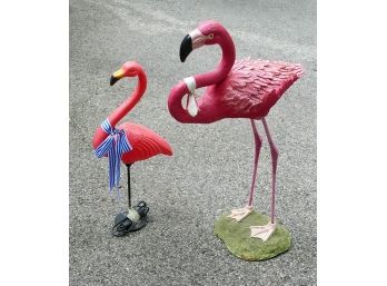 Pair Of Pink Flamingos - One Carved Sculpture & One Plastic Illuminated