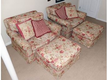Pair Of Chairs & Ottomans - Down Cushions, Upholstered In A  Rose Flower Fabric W/ Matching Pillows