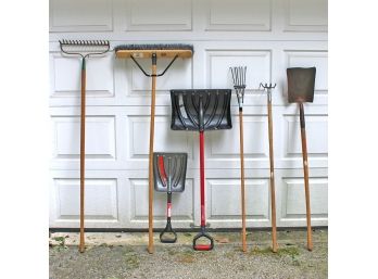Lot Of 7 Lawn & Garden Tools, Snow & Digging Shovels, Push Broom