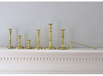 Set Of 6 Baldwin Brass Candlesticks And Candle Snuffer