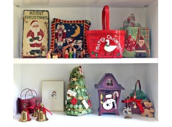 Christmas Decorations Lot - Slate Sign, Pillow, Basket, Ornaments, Bells, & More