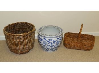 Planter/Basket Lot - Porcelain Planter, Wicker Planter, And Wicker Basket