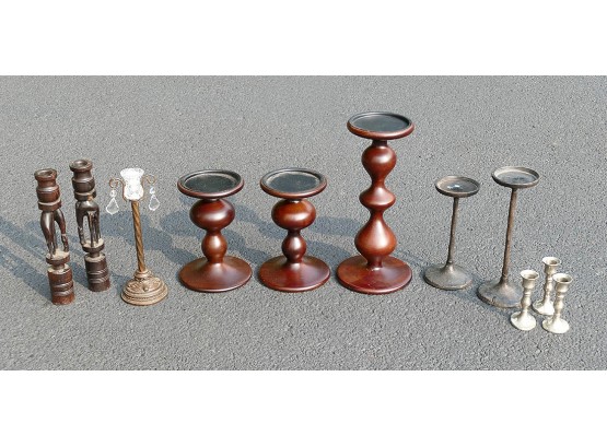 Large Lot Of 11 Candle Holders - Crate & Barrel, Hand Carved African Pair