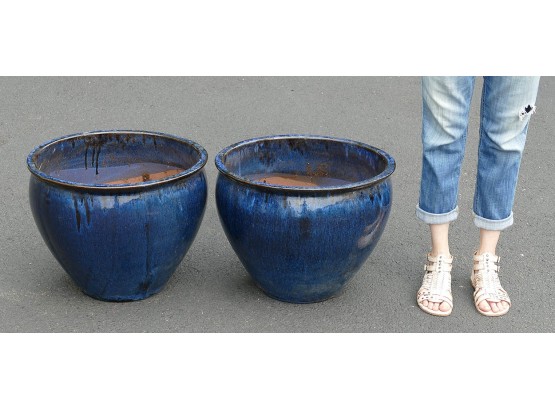 Pair Of Large Blue Ceramic Planters