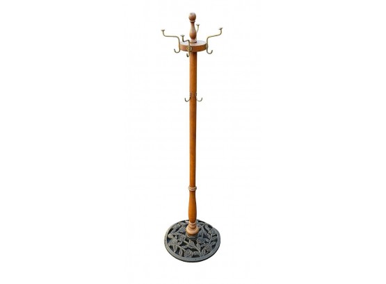 Vintage Wood Coat Stand With Cast Iron Base