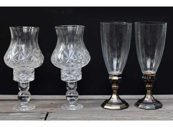 Vintage Cut Glass Crystal & Silverplate Hurricane Lantern Candle Holders