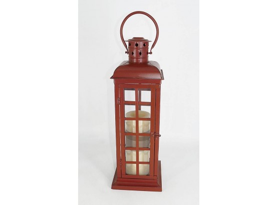 Red Metal And Glass Decorative Lantern - 20' Tall - With Unused Candle